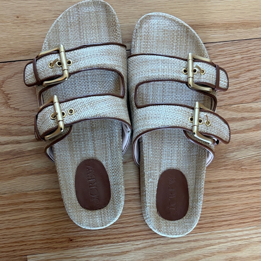 J. Crew Cream & Tan Double-Buckle Woven Slide Sandals